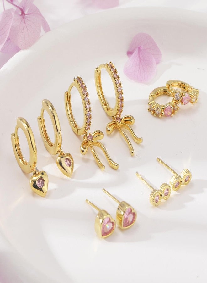 MOONWALTZ Pink Bow Heart Earrings Set for Women 14K Gold Plated Cubic Zirconia Love Heart Bowknot Huggie Hoop Earrings Cute Bow Ribbon Dainty Heart Stud Earrings Set for Multiple Piercing Party Jewelry Gifts - Image 3